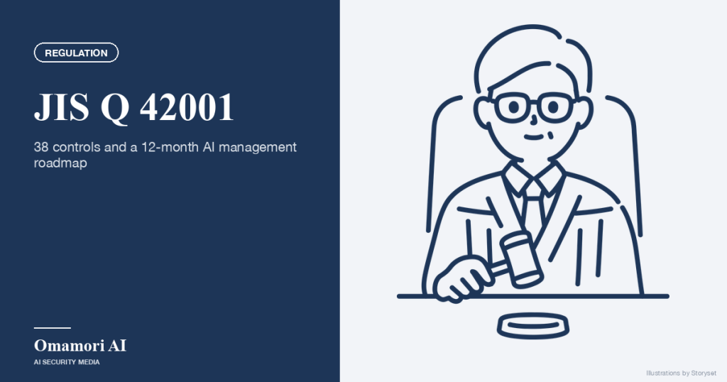 JIS Q 42001 — 38 controls and a 12-month AI management roadmap. Illustrations by Storyset