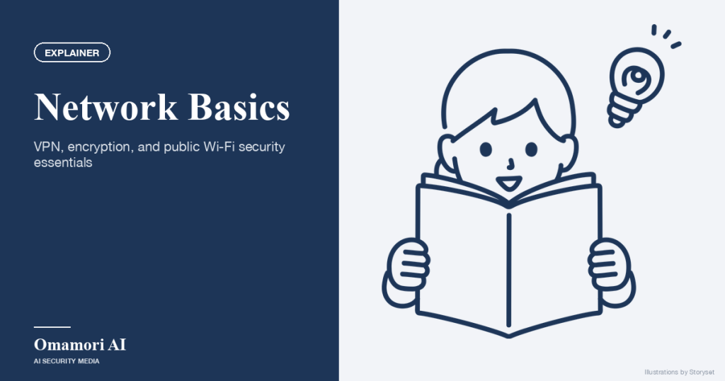 Network Basics — VPN, encryption, and public Wi-Fi security essentials. Illustrations by Storyset